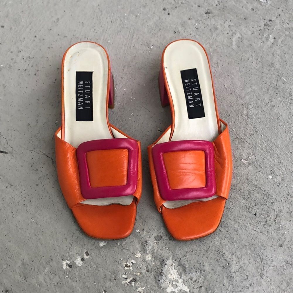Stuart Weitzman Orange and Pink Leather Slide Mules